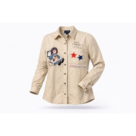 LUNA PIER Tops - Vtg Luna Pier Women’s Patriotic Raggedy Ann Embroidered Button Down Shirt Sz M